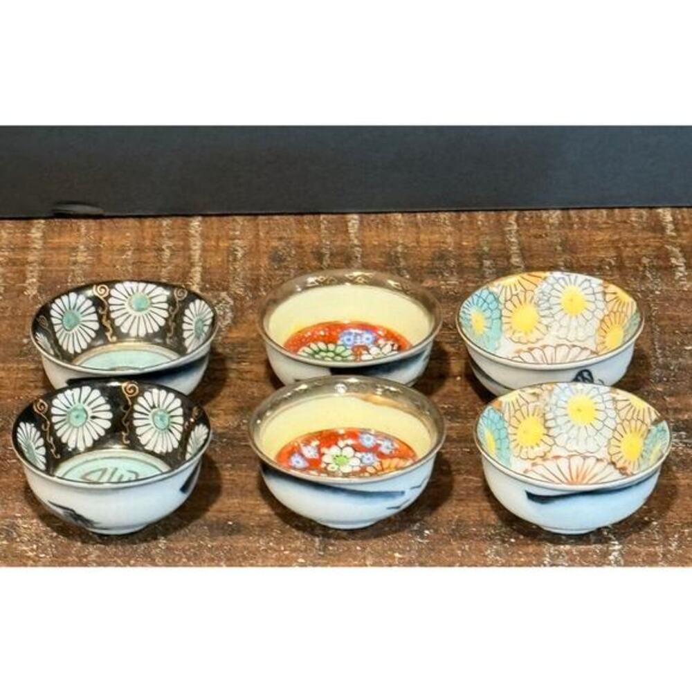 Japanese Vintage Kutani Hand‎ Painted Sake Cups Bowls Set of 6 Occupied Japan 3"